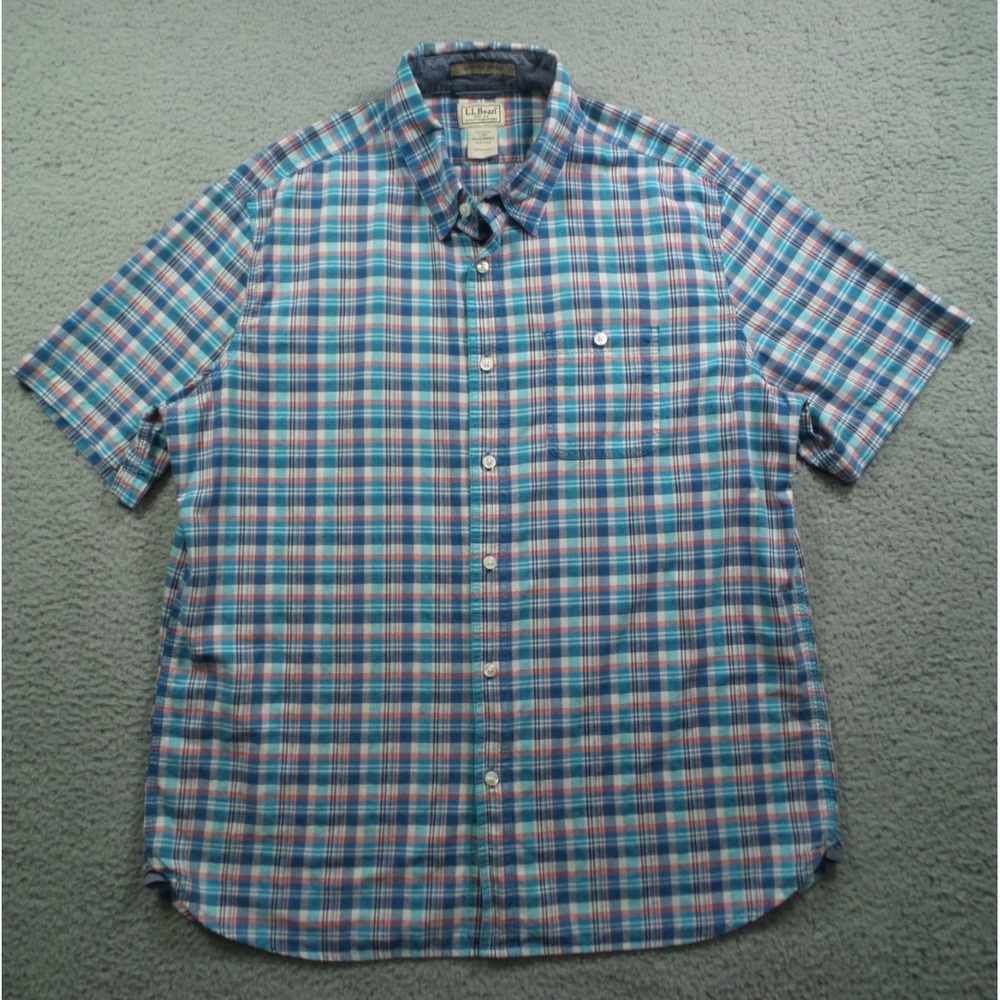 LL Bean Shirt Mens Size Large‎ Blue Plaid Slightly Fitted Button Up Short Sleeve